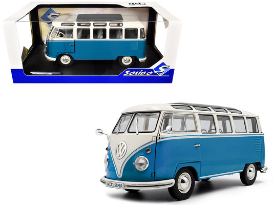 1962 Volkswagen T1 Samba Bus Baby Blue and White 1/18 Diecast Model Car
