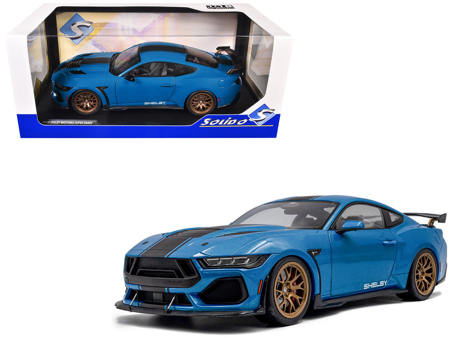 2024 Ford Shelby Mustang Super Snake Grabber Blue Metallic with Black Stripes 1/18 Diecast Model Car