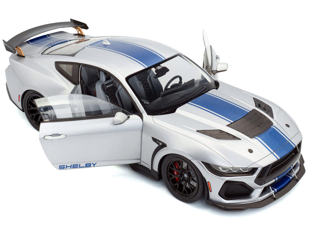 2024 Ford Shelby Mustang Super Snake Gray Metallic with Blue Stripes 1/18 Diecast Model Car