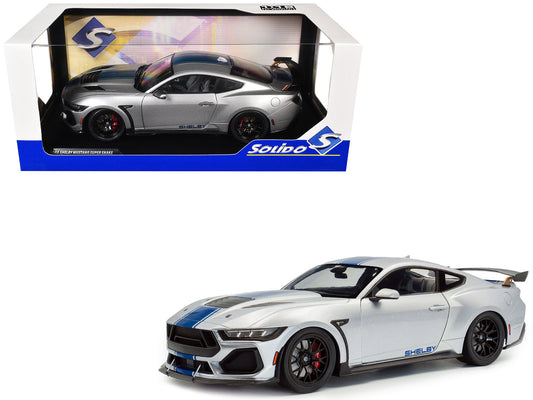 2024 Ford Shelby Mustang Super Snake Gray Metallic with Blue Stripes 1/18 Diecast Model Car