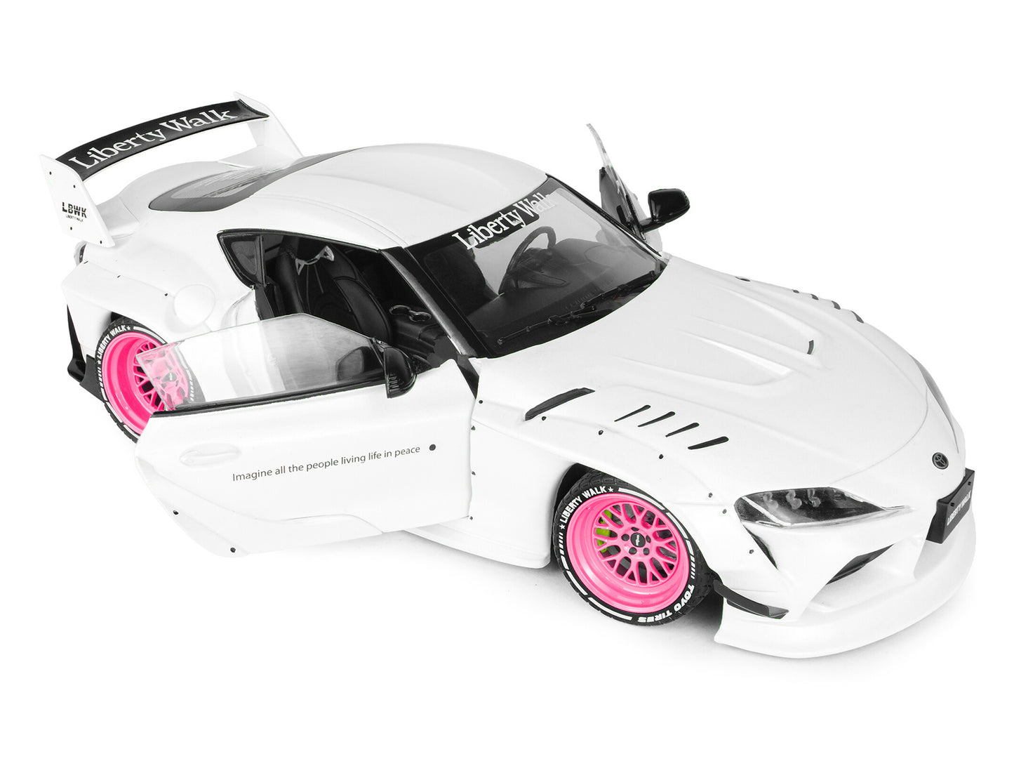 2025 Toyota GR Supra "Liberty Walk" Body Kit White Metallic with Pink Wheels 1/18 Diecast Model Car