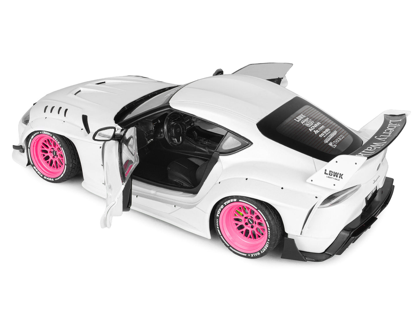 2025 Toyota GR Supra "Liberty Walk" Body Kit White Metallic with Pink Wheels 1/18 Diecast Model Car