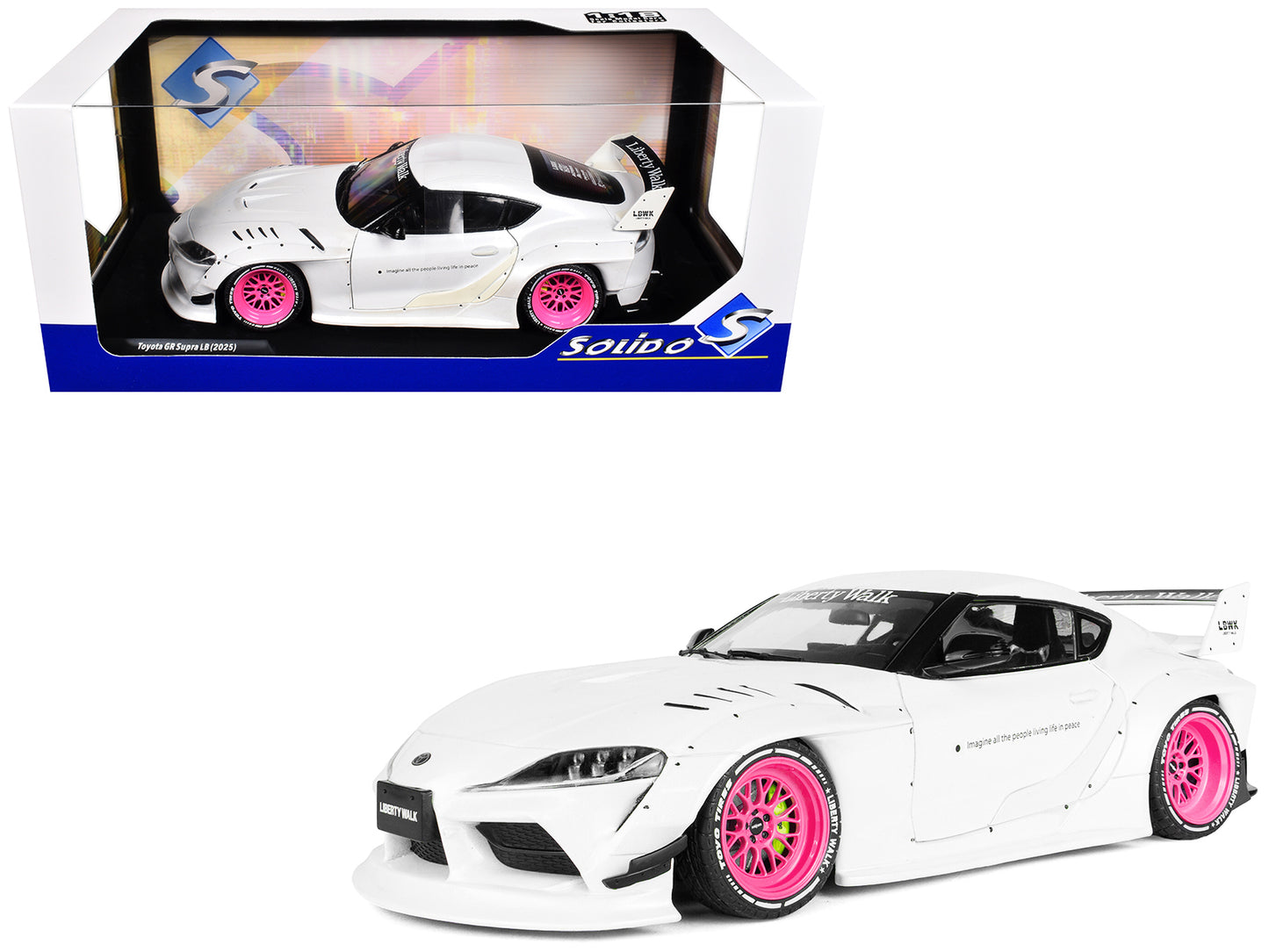 2025 Toyota GR Supra "Liberty Walk" Body Kit White Metallic with Pink Wheels 1/18 Diecast Model Car