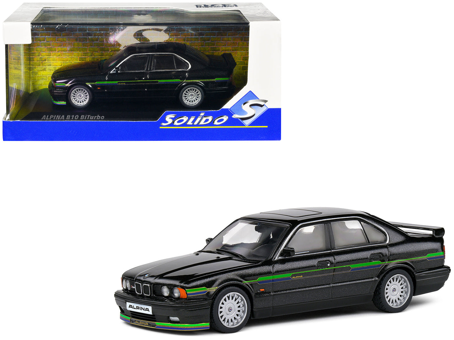 1994 BMW E34 Alpina B10 BiTurbo Black Metallic with Green Graphics 1/43 Diecast Model Car