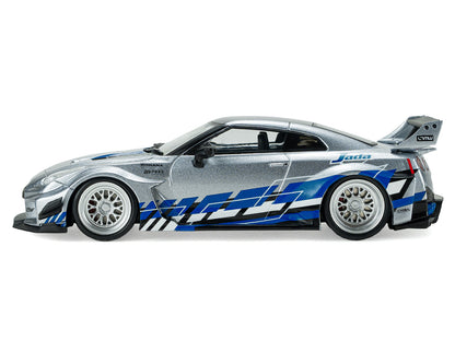 2020 Nissan GT-R (R35) Liberty Walk Silhouette RHD (Right Hand Drive) Silver Metallic with Black Top and Blue Graphics 1/43 Diecast Model Car