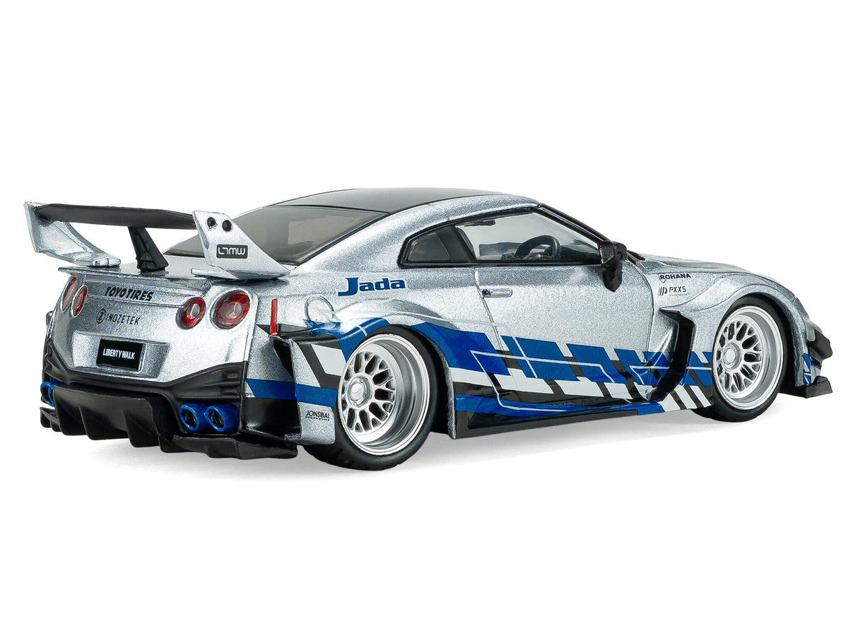 2020 Nissan GT-R (R35) Liberty Walk Silhouette RHD (Right Hand Drive) Silver Metallic with Black Top and Blue Graphics 1/43 Diecast Model Car