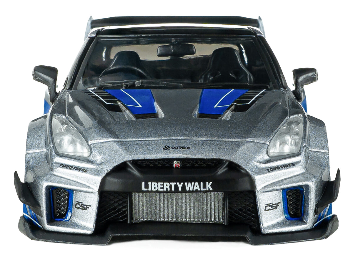 2020 Nissan GT-R (R35) Liberty Walk Silhouette RHD (Right Hand Drive) Silver Metallic with Black Top and Blue Graphics 1/43 Diecast Model Car