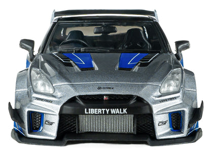 2020 Nissan GT-R (R35) Liberty Walk Silhouette RHD (Right Hand Drive) Silver Metallic with Black Top and Blue Graphics 1/43 Diecast Model Car
