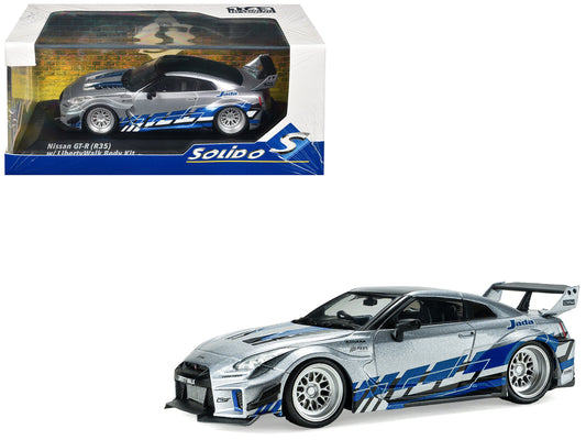 2020 Nissan GT-R (R35) Liberty Walk Silhouette RHD (Right Hand Drive) Silver Metallic with Black Top and Blue Graphics 1/43 Diecast Model Car