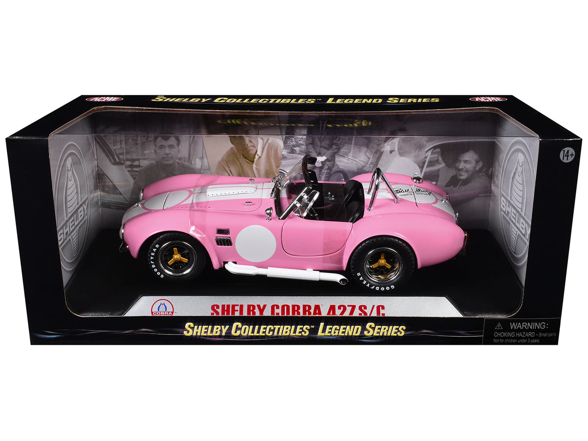 1965 Shelby Cobra 427 S/C Pink with White Stripes with Printed Carroll Shelby Signature's on the Trunk 1/18 Diecast Model Car