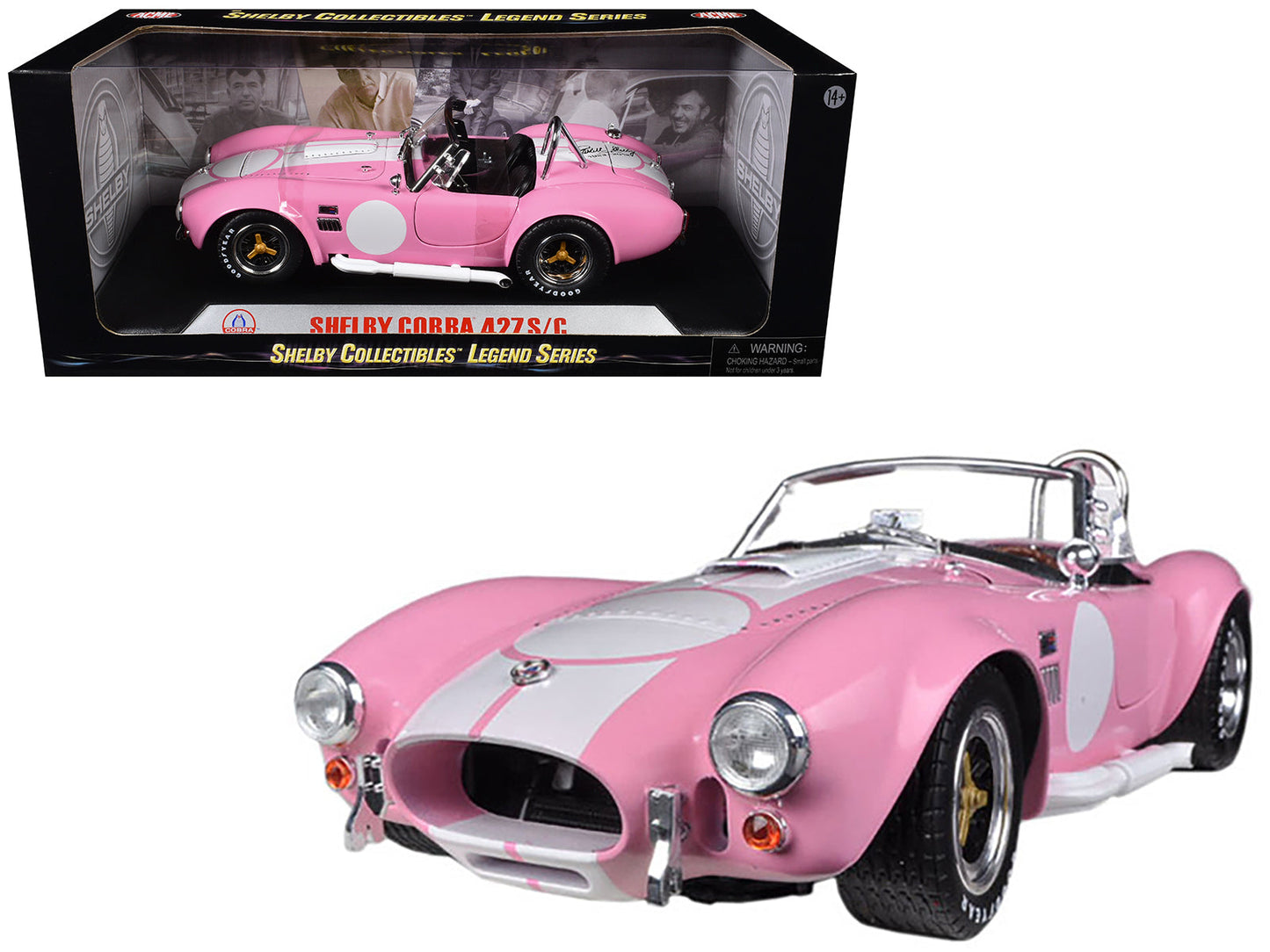 1965 Shelby Cobra 427 S/C Pink with White Stripes with Printed Carroll Shelby Signature's on the Trunk 1/18 Diecast Model Car