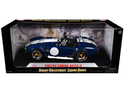 1965 Shelby Cobra 427 S/C Dark Blue Metallic with White Stripes with Printed Carroll Shelby's Signature on the Trunk 1/18 Diecast Model Car