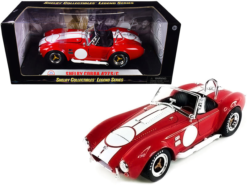 1965 Shelby Cobra 427 S/C Red with White Stripes with Printed Carroll Shelby's Signature on the Trunk 1/18 Diecast Model Car