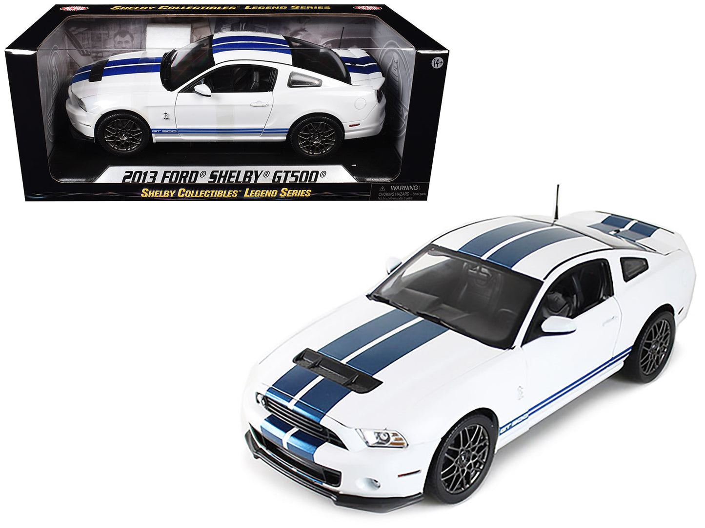 2013 Ford Shelby Cobra GT500 SVT White with Blue Stripes 1/18 Diecast Car Model