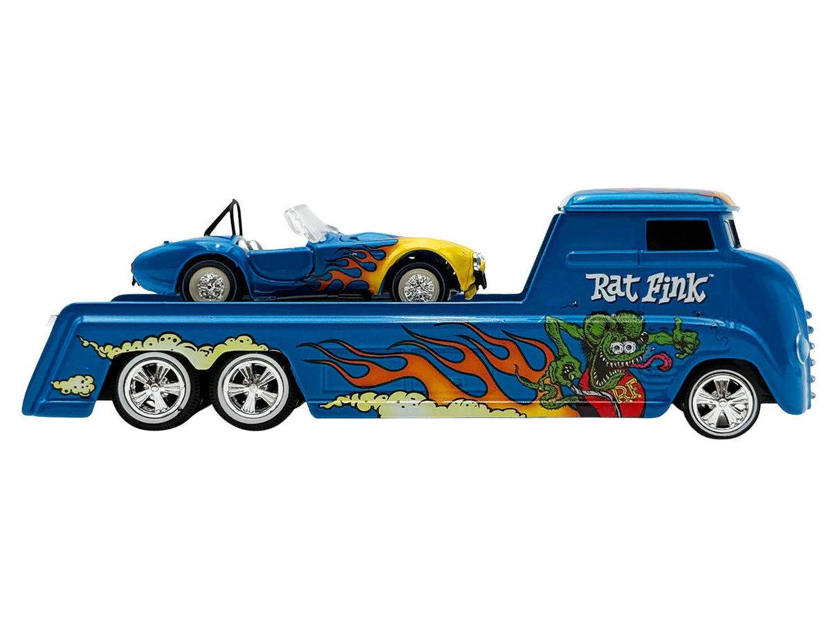 Shelby Cobra Super Snake Blue Metallic with Flames and Custom "Rat Fink" Hauler Blue Metallic with Flames and Graphics 1/64 Diecast Model Cars