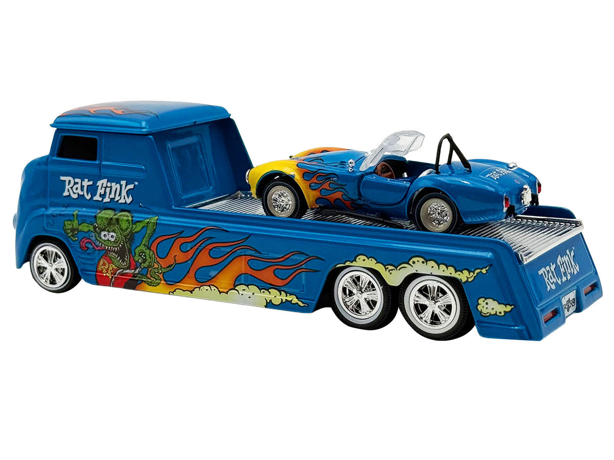 Shelby Cobra Super Snake Blue Metallic with Flames and Custom "Rat Fink" Hauler Blue Metallic with Flames and Graphics 1/64 Diecast Model Cars