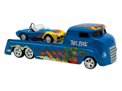 Shelby Cobra Super Snake Blue Metallic with Flames and Custom "Rat Fink" Hauler Blue Metallic with Flames and Graphics 1/64 Diecast Model Cars