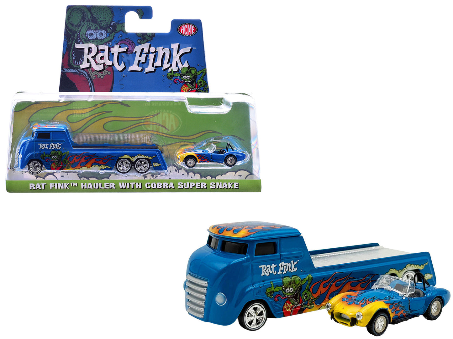 Shelby Cobra Super Snake Blue Metallic with Flames and Custom "Rat Fink" Hauler Blue Metallic with Flames and Graphics 1/64 Diecast Model Cars