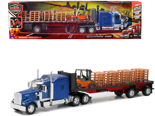Kenworth W900 Truck with Flatbed Trailer Blue with Forklift and Pallets "Long Haul Truckers" Series 1/32 Diecast Model
