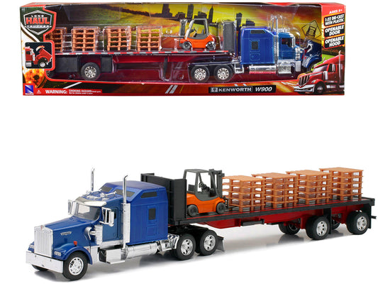 Kenworth W900 Truck with Flatbed Trailer Blue with Forklift and Pallets "Long Haul Truckers" Series 1/32 Diecast Model