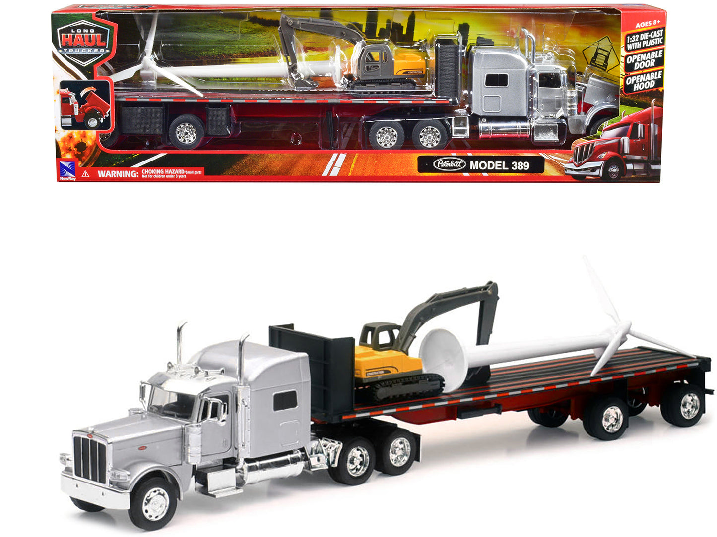 Peterbilt 389 Truck with Flatbed Trailer Silver Metallic with Excavator and Wind Turbine "Long Haul Truckers" Series 1/32 Diecast Model