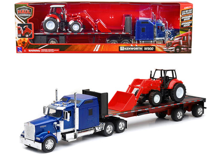 Kenworth W900 Truck with Flatbed Trailer Blue Metallic with Farm Tractor Red "Long Haul Truckers" Series 1/32 Diecast Model