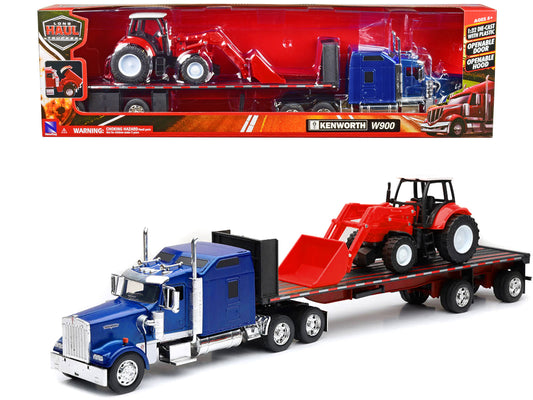 Kenworth W900 Truck with Flatbed Trailer Blue Metallic with Farm Tractor Red "Long Haul Truckers" Series 1/32 Diecast Model