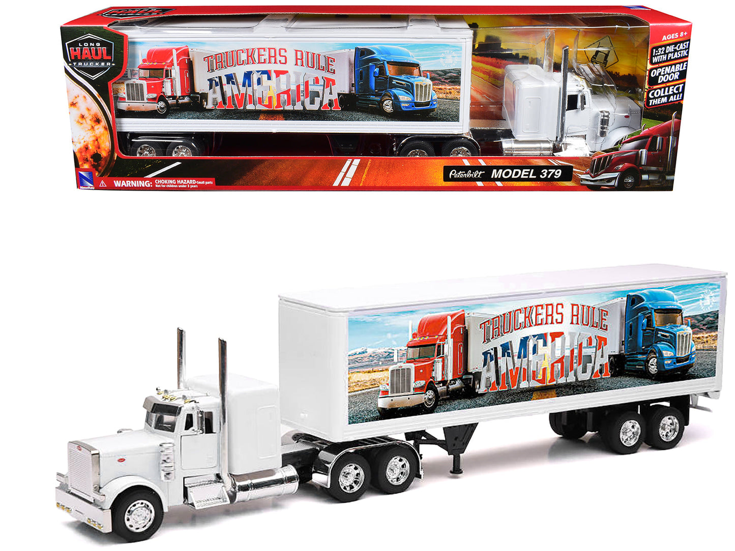 Peterbilt 379 Truck White with Dry Van Trailer "Truckers Rule America" "Long Haul Truckers" Series 1/32 Diecast Model