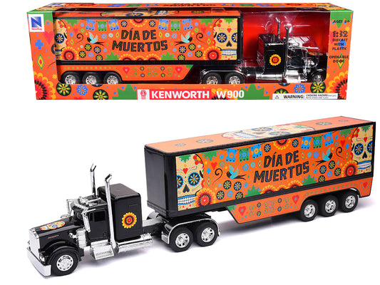 Kenworth W900 Truck Black with Graphics and Dry Van Trailer "Dia De Muertos" 1/32 Diecast Model