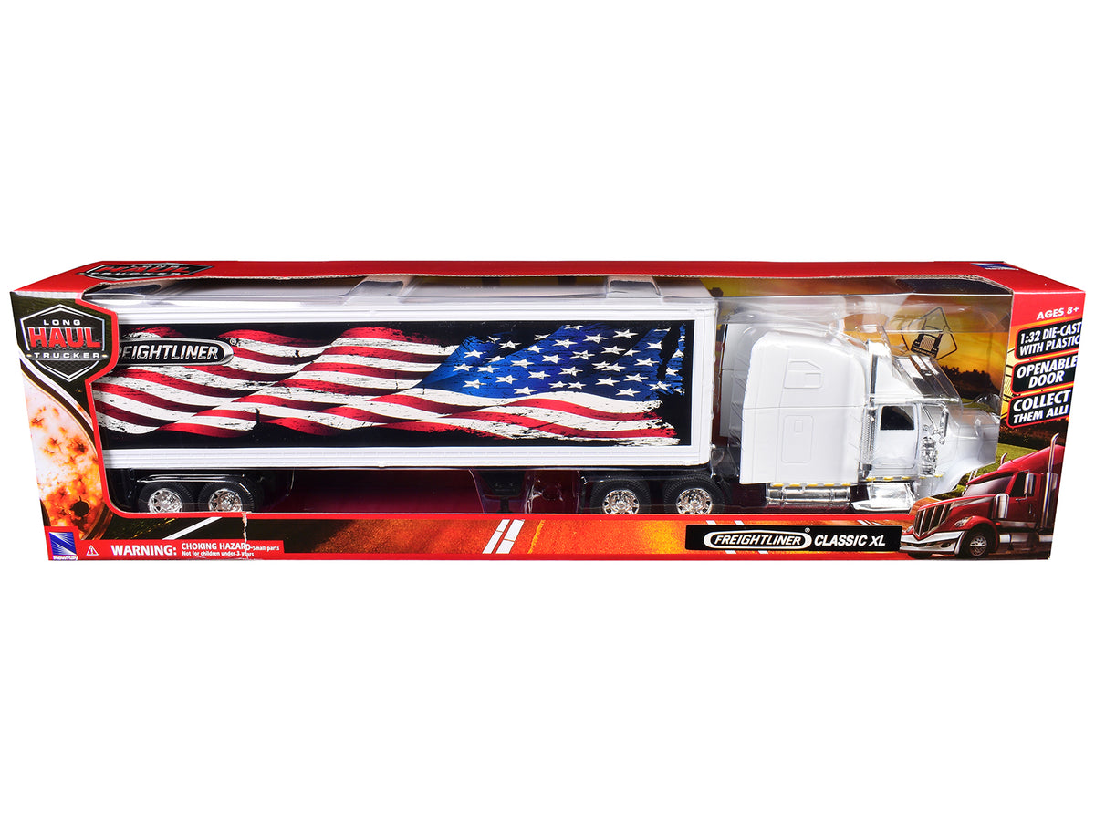 Freightliner Classic XL Truck White with Dry Van Trailer White with Patriotic Graphic "Long Haul Truckers" Series 1/32 Diecast Model