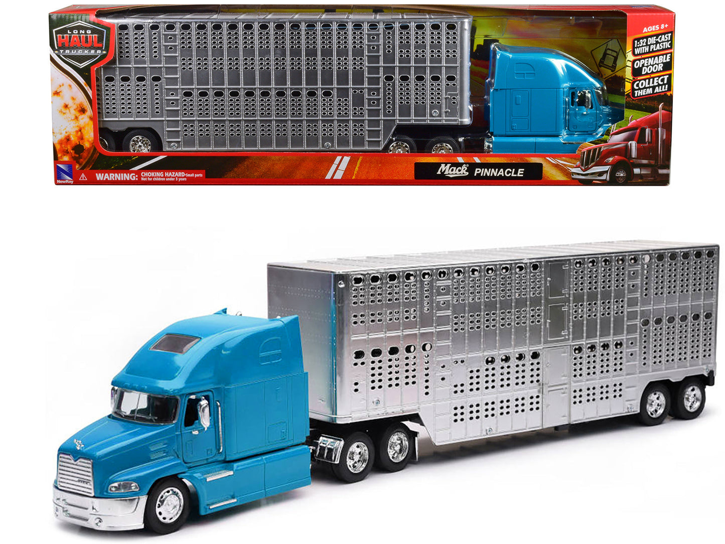Mack Pinnacle Truck with Pot Belly Livestock Trailer Blue and Chrome "Long Haul Truckers" Series 1/32 Diecast Model