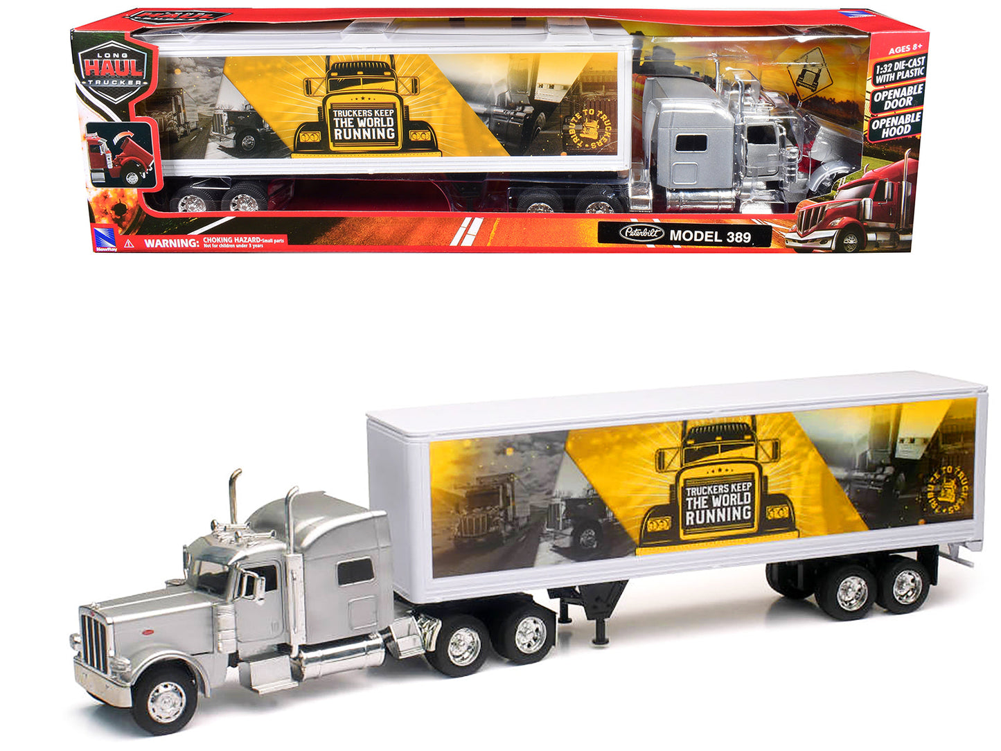 Peterbilt 389 Truck Silver Metallic with Dry Van Trailer "Trucker Keep The World Running" "Long Haul Truckers" Series 1/32 Diecast Model