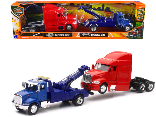 Peterbilt Model 335 Tow Truck Blue and Peterbilt Model 387 Cab Red Set of 2 Pieces 1/43