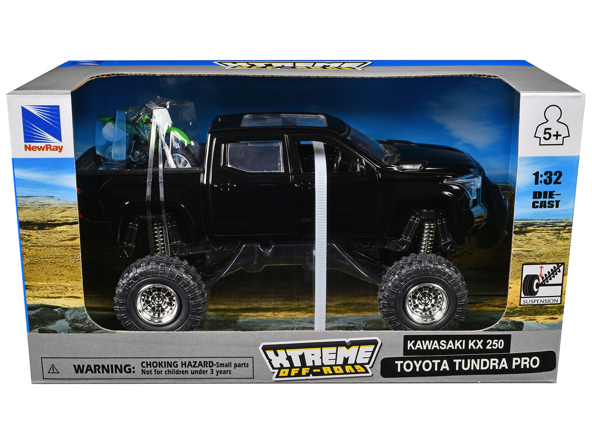 Toyota Tundra Pro Pickup Truck Black and Kawasaki KX 250 Motorcycle Green and White "Xtreme Off-Road" Series 1/32 Diecast Models