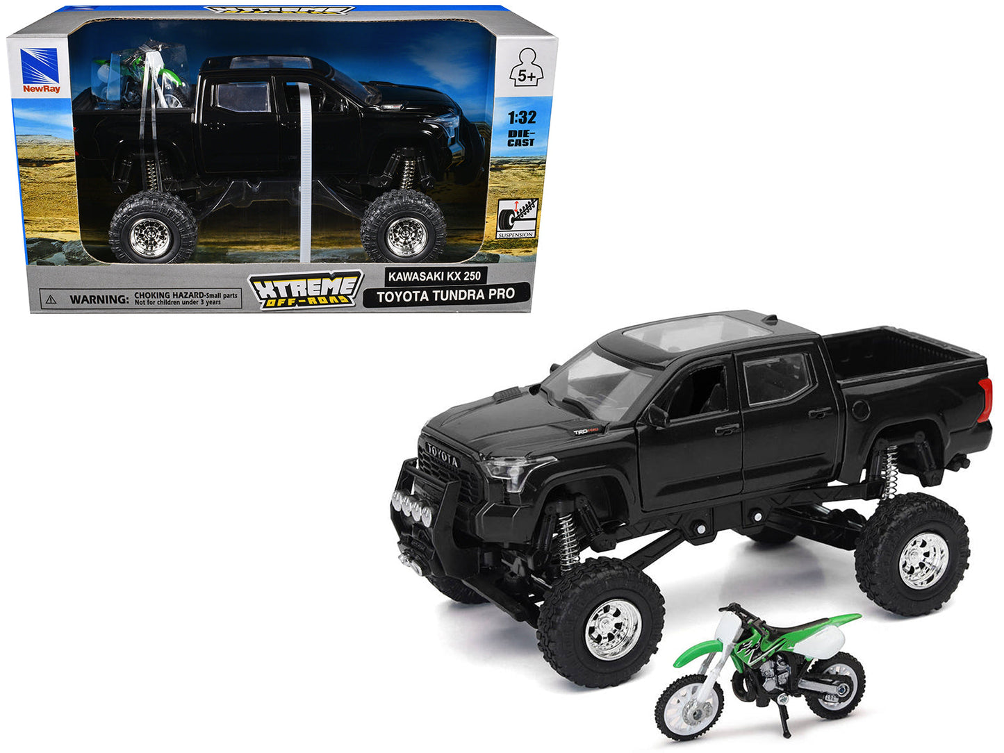 Toyota Tundra Pro Pickup Truck Black and Kawasaki KX 250 Motorcycle Green and White "Xtreme Off-Road" Series 1/32 Diecast Models
