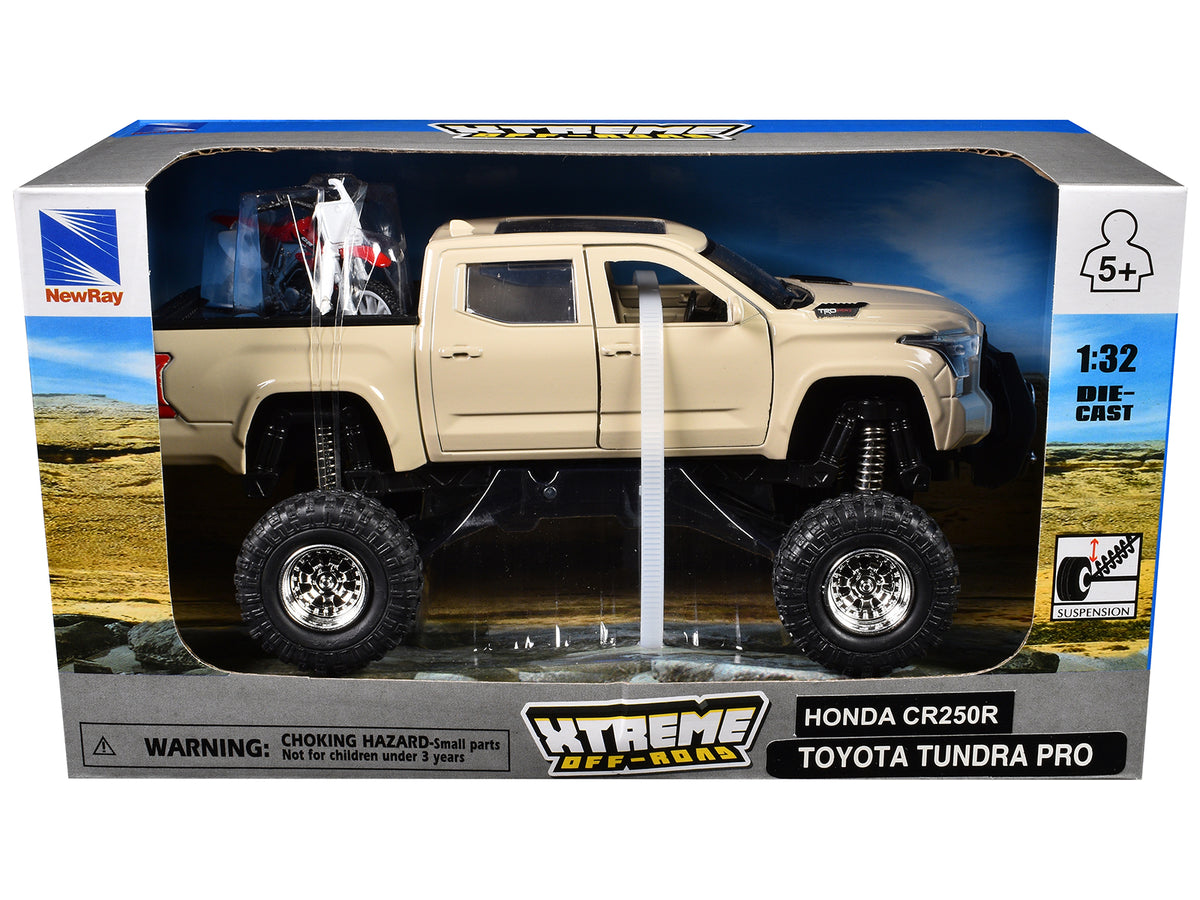 Toyota Tundra Pro Pickup Truck Tan and Honda CR250R Motorcycle Red and White "Xtreme Off-Road" Series 1/32 Diecast Models