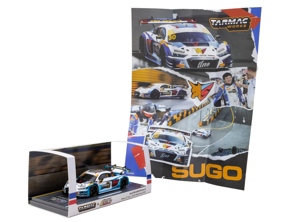 Audi R8 LMS GT3 evo II #30 James Yu "Uno Racing Team" "Macau GT Cup - FIA GT World Cup" (2024) with A4 Poster "Hobby43" Series 1/43 Diecast Model Car