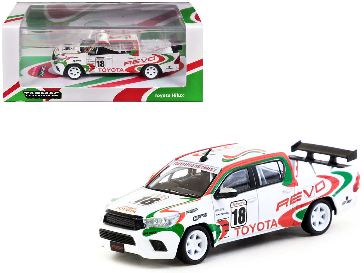 Toyota Hilux Pickup Truck RHD (Right Hand Drive) #18 White with Red and Green Graphics "Hobby64" Series 1/64 Diecast Model Car