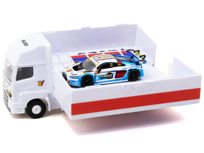 Audi R8 LMS GT3 evo II #30 James Yu "Uno Racing Team" "Macau GT Cup - FIA GT World Cup" (2024) with Plastic Transporter Packaging and Collectible Tarmac Cards "Hobby64" Series 1/64 Diecast Model Car