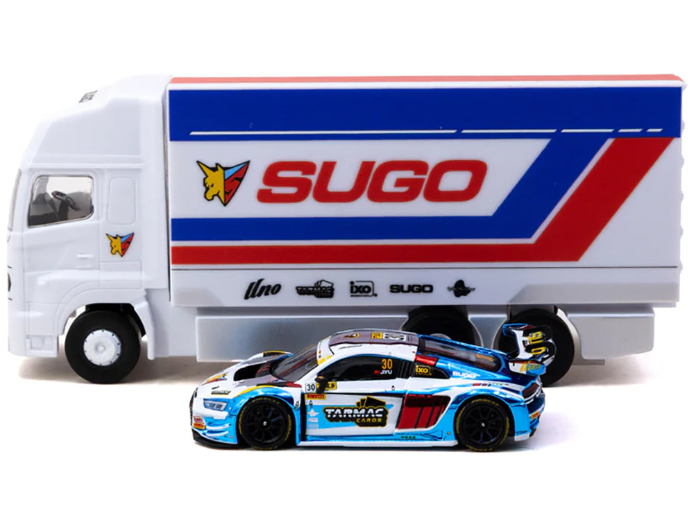 Audi R8 LMS GT3 evo II #30 James Yu "Uno Racing Team" "Macau GT Cup - FIA GT World Cup" (2024) with Plastic Transporter Packaging and Collectible Tarmac Cards "Hobby64" Series 1/64 Diecast Model Car