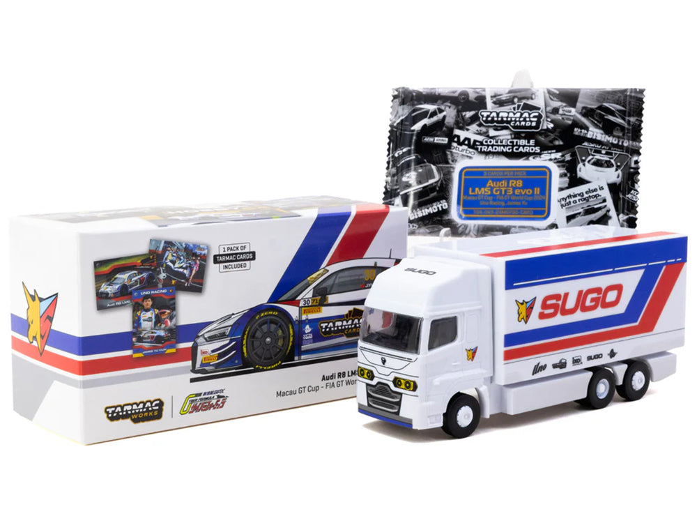 Audi R8 LMS GT3 evo II #30 James Yu "Uno Racing Team" "Macau GT Cup - FIA GT World Cup" (2024) with Plastic Transporter Packaging and Collectible Tarmac Cards "Hobby64" Series 1/64 Diecast Model Car