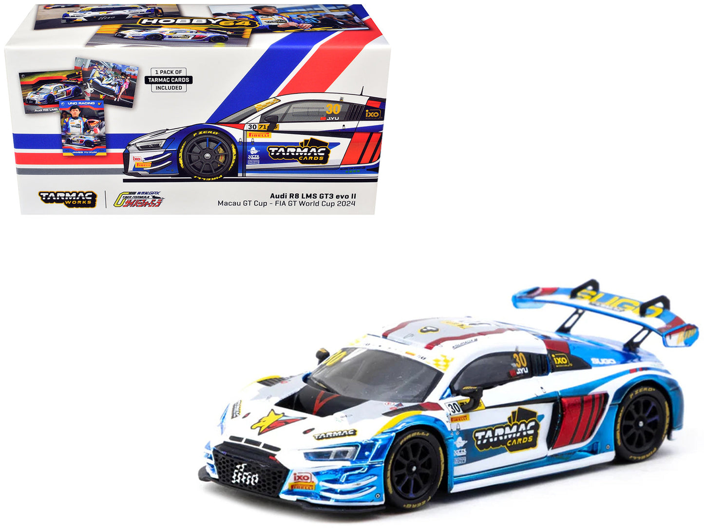 Audi R8 LMS GT3 evo II #30 James Yu "Uno Racing Team" "Macau GT Cup - FIA GT World Cup" (2024) with Plastic Transporter Packaging and Collectible Tarmac Cards "Hobby64" Series 1/64 Diecast Model Car