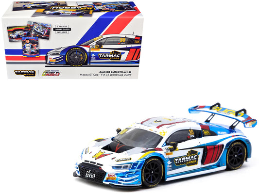 Audi R8 LMS GT3 evo II #30 James Yu "Uno Racing Team" "Macau GT Cup - FIA GT World Cup" (2024) with Plastic Transporter Packaging and Collectible Tarmac Cards "Hobby64" Series 1/64 Diecast Model Car