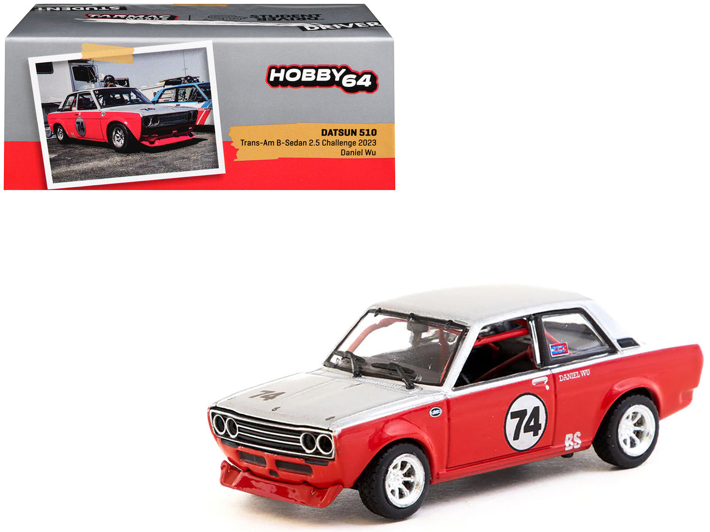 Datsun 510 #74 Daniel Wu "Trans-Am B-Sedan 2.5 Challenge" (2023) Silver and Red "Hobby64" Series 1/64 Diecast Model Car