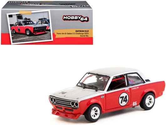 Datsun 510 #74 Daniel Wu "Trans-Am B-Sedan 2.5 Challenge" (2023) Silver and Red "Hobby64" Series 1/64 Diecast Model Car