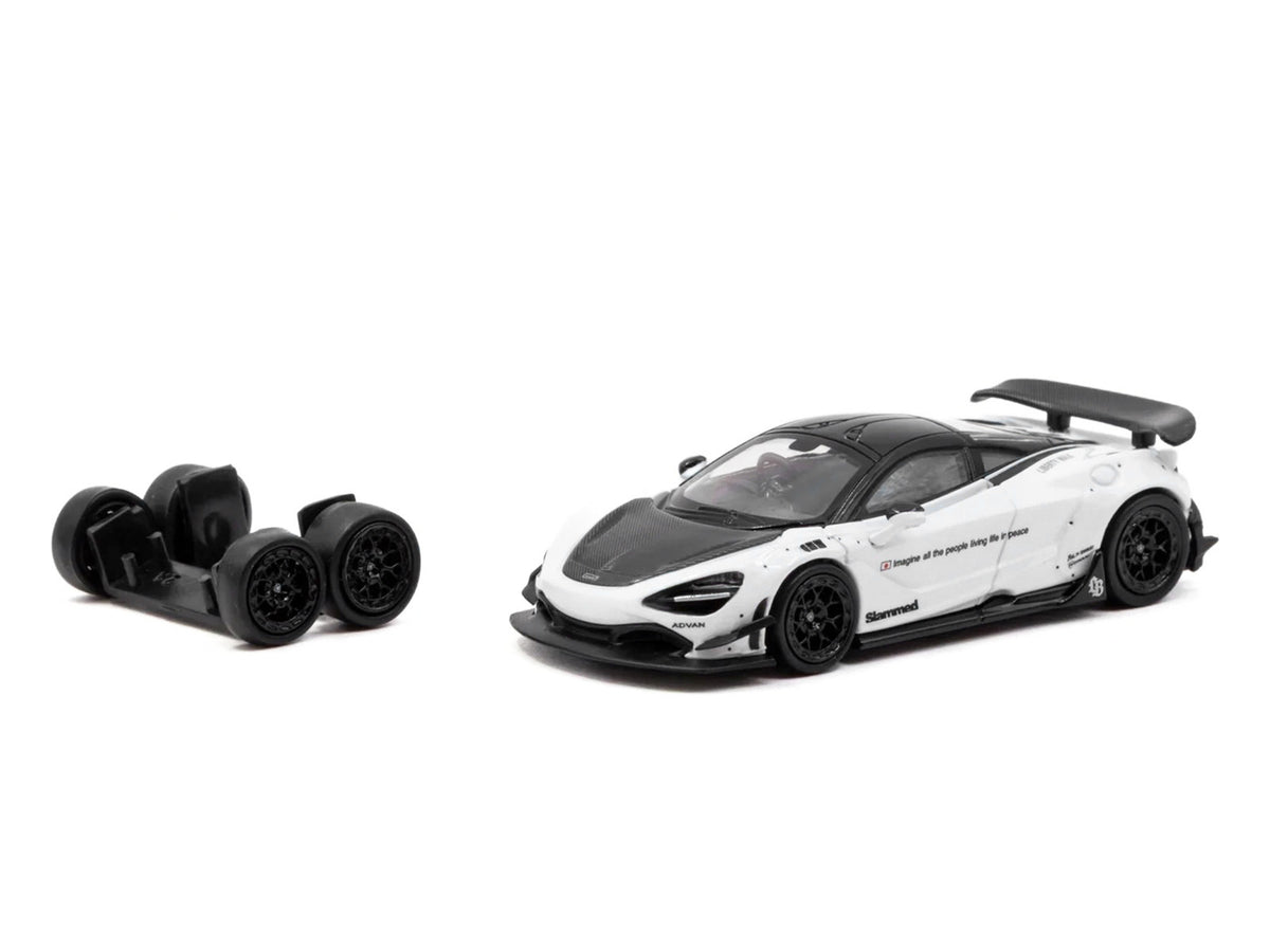 LB-Works 720S White with Carbon Hood and Black Top with Extra Wheels "Hobby64" Series 1/64 Diecast Model Car