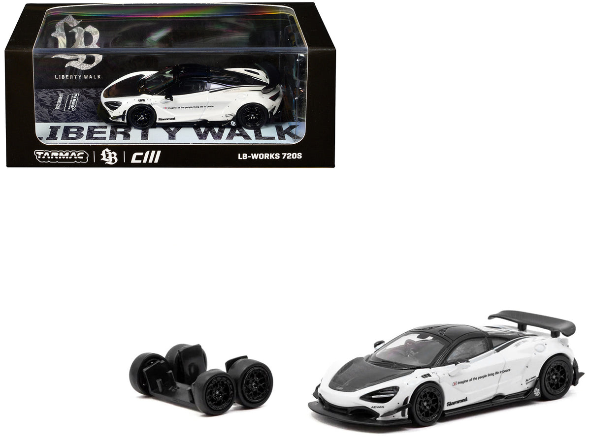 LB-Works 720S White with Carbon Hood and Black Top with Extra Wheels "Hobby64" Series 1/64 Diecast Model Car