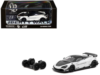 LB-Works 720S White with Carbon Hood and Black Top with Extra Wheels "Hobby64" Series 1/64 Diecast Model Car