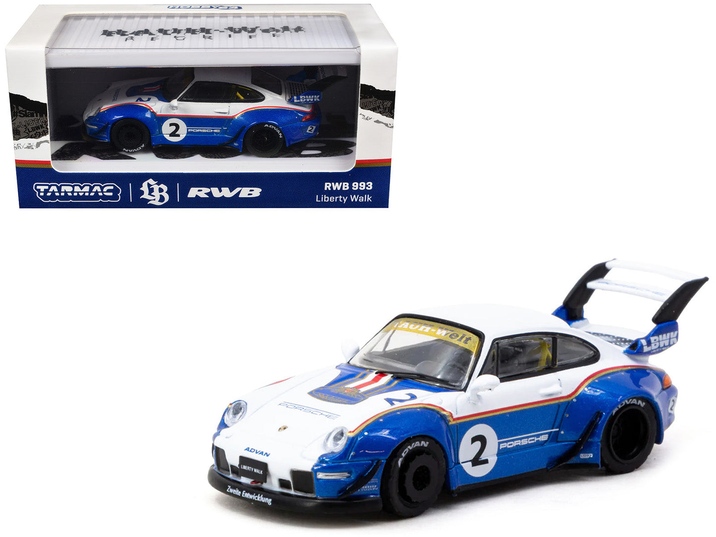 RWB 993 #2 "Liberty Walk" White and Blue Metallic with Container Packaging "Hobby64" Series 1/64 Diecast Model Car