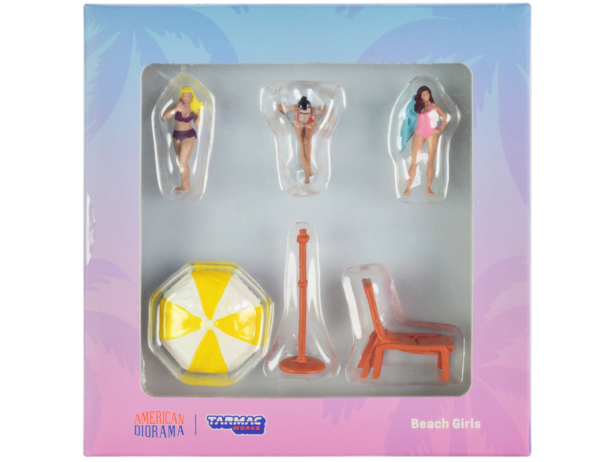 "Beach Girls" 5 piece Diecast Figure Set (3 Female Figures and 2 Beach Accessories) for 1/64 Scale Models